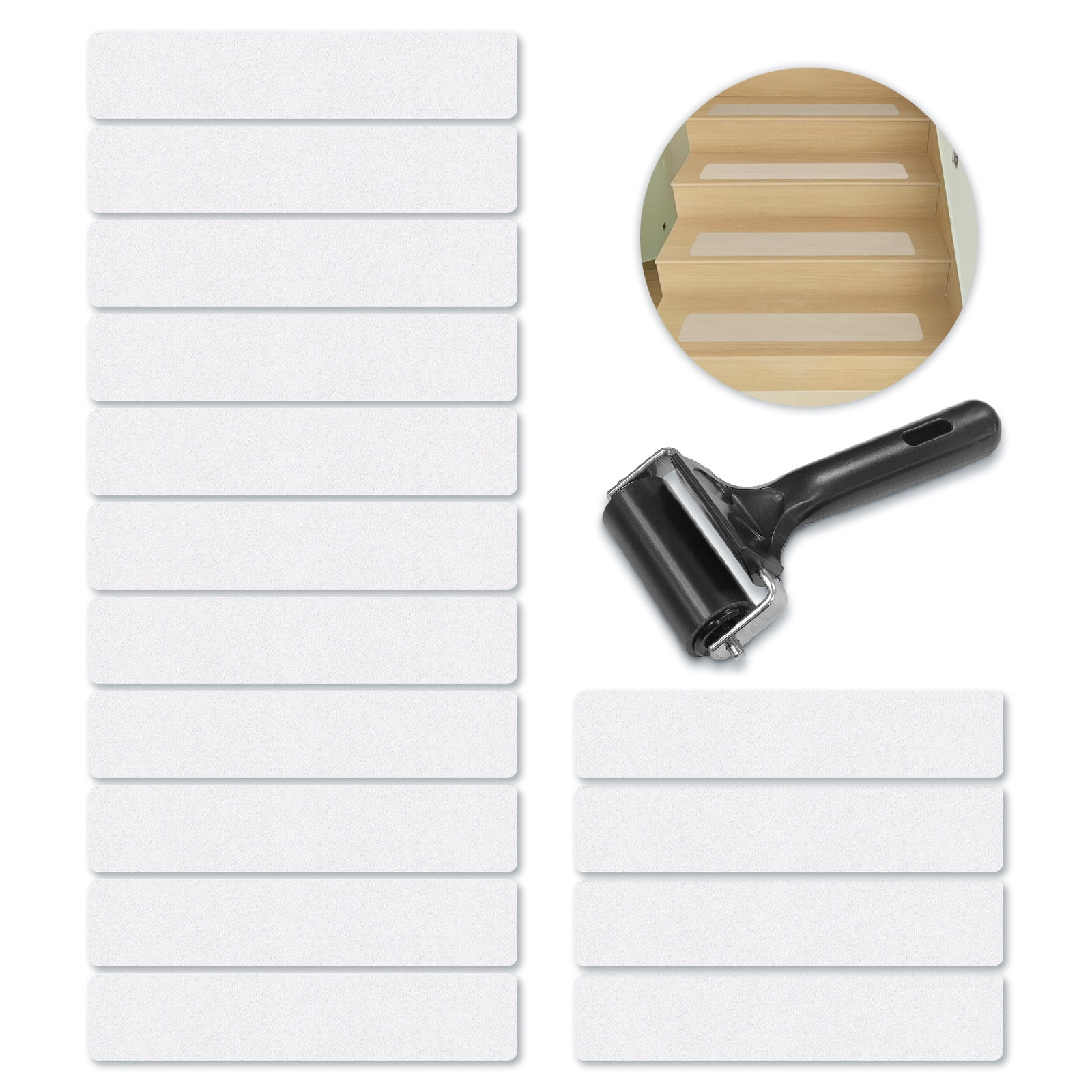 15 Packs Clear Adhesive Stair Treads Non Slip with Roller, 5.9" x 24" Pre-cut Transparent Grip Tape for Stairs, Waterproof Anti Slip Stair Strips Staircase Step Treads for Wooden Floor Indoor