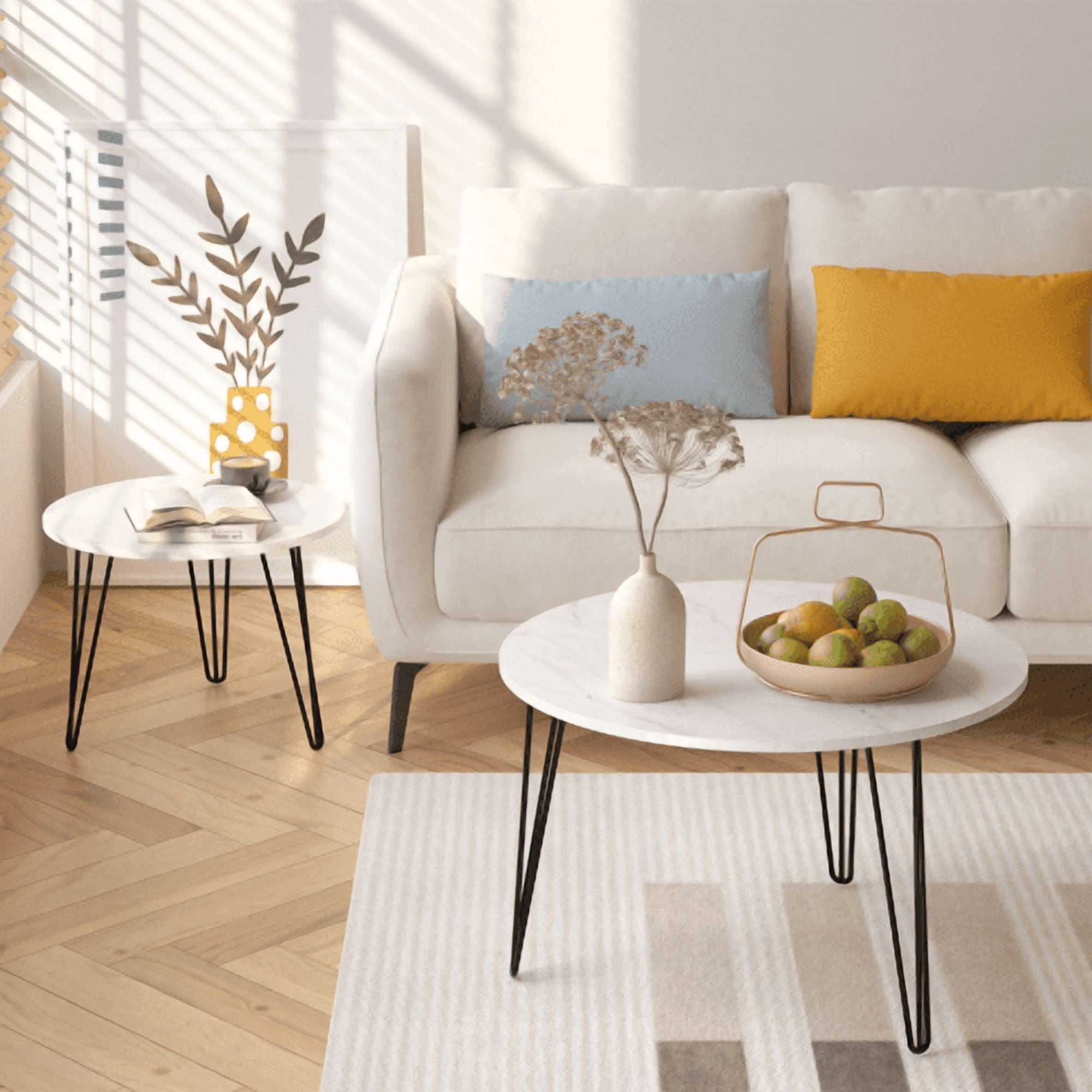 Yoneston 27.56" Round Nesting Coffee Table Set of 2, Wooden Tabletop End Table with Sturdy Metal Legs for Living Room Bedroom, White