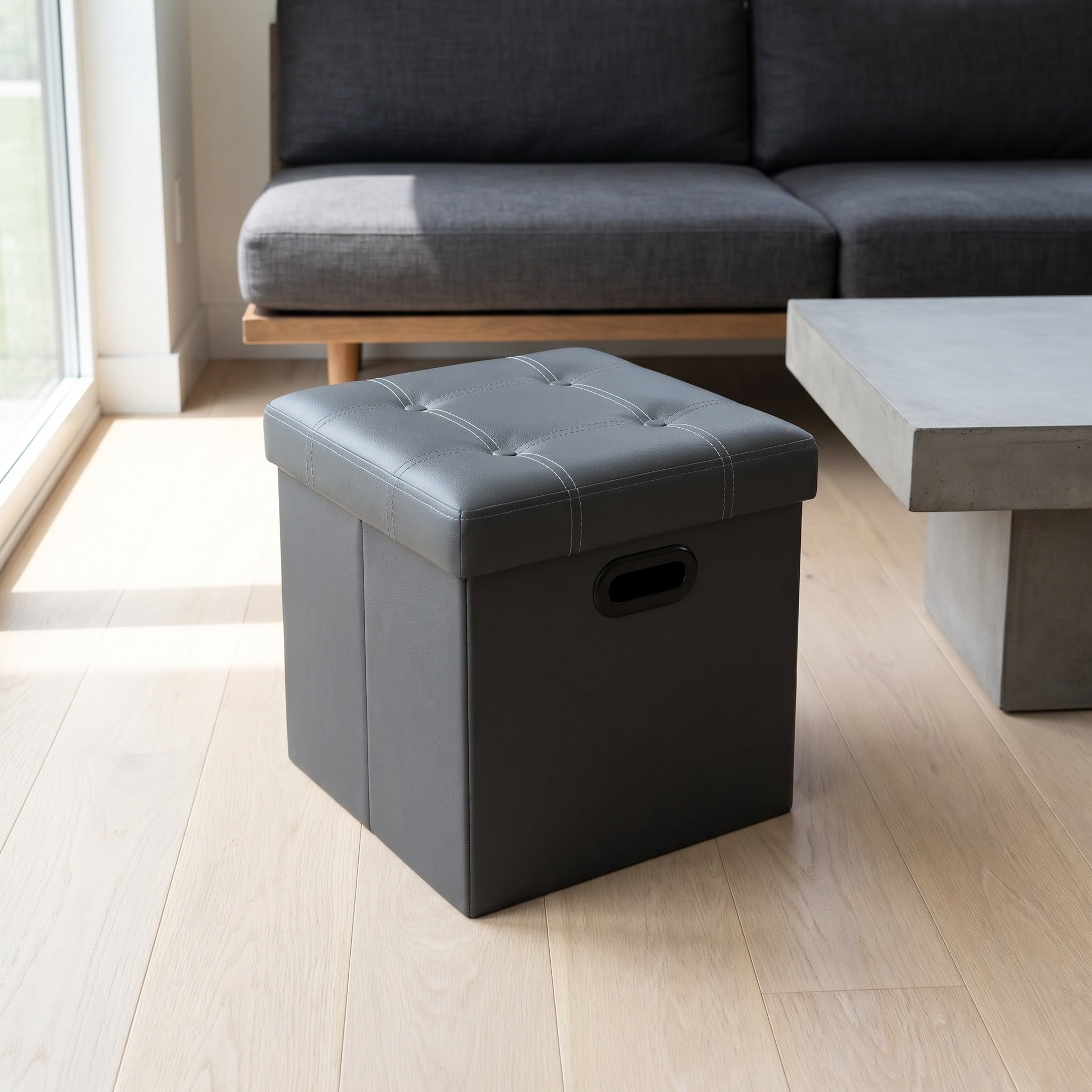 Nordic Hygge 15-Inch Storage Ottoman, Dark Gray Synthetic Leather