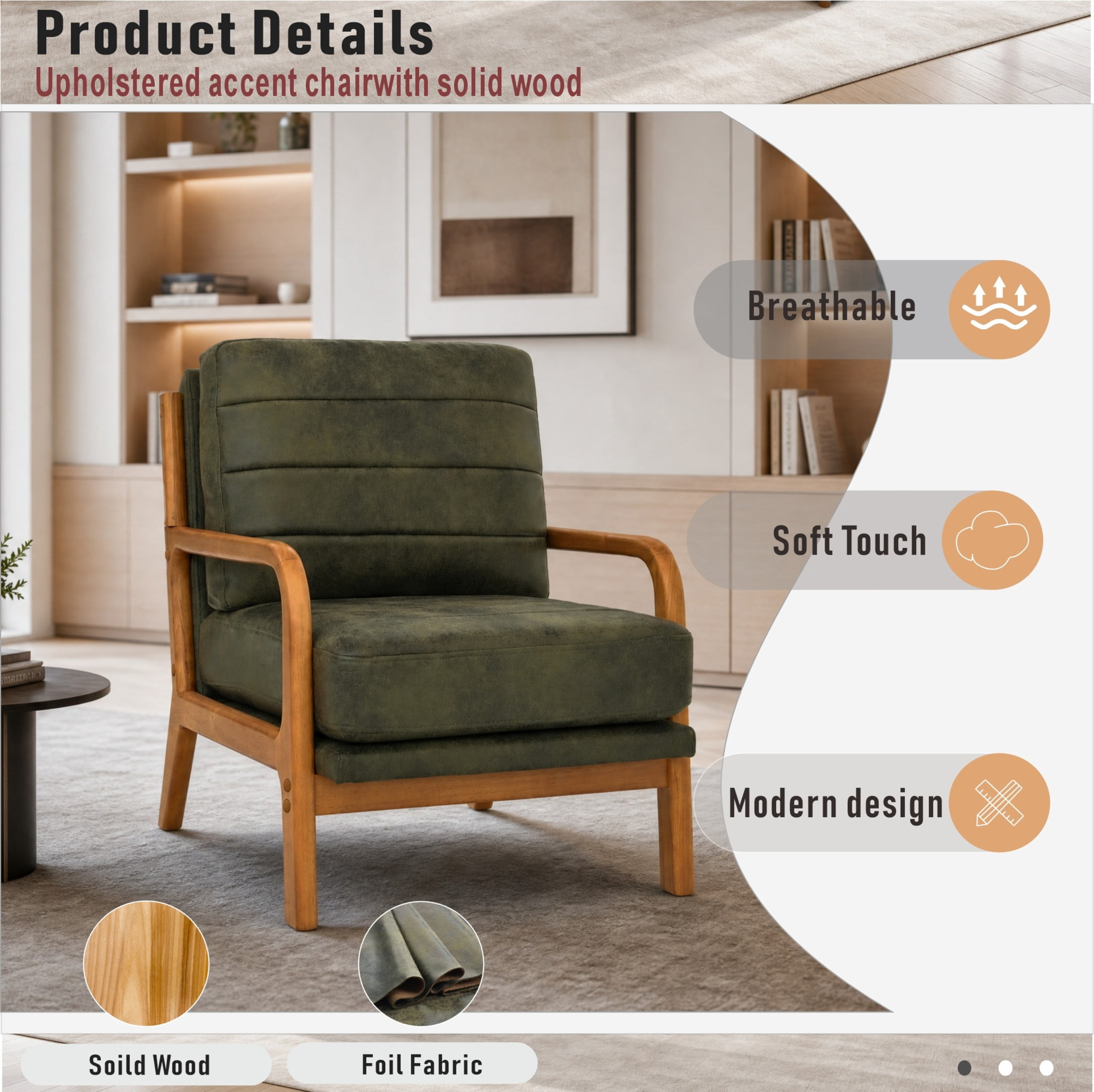 Noble House Mid-Century Modern Foil Fabric Upholstered Accent Chair, Solid Wood Frame, Olive Green