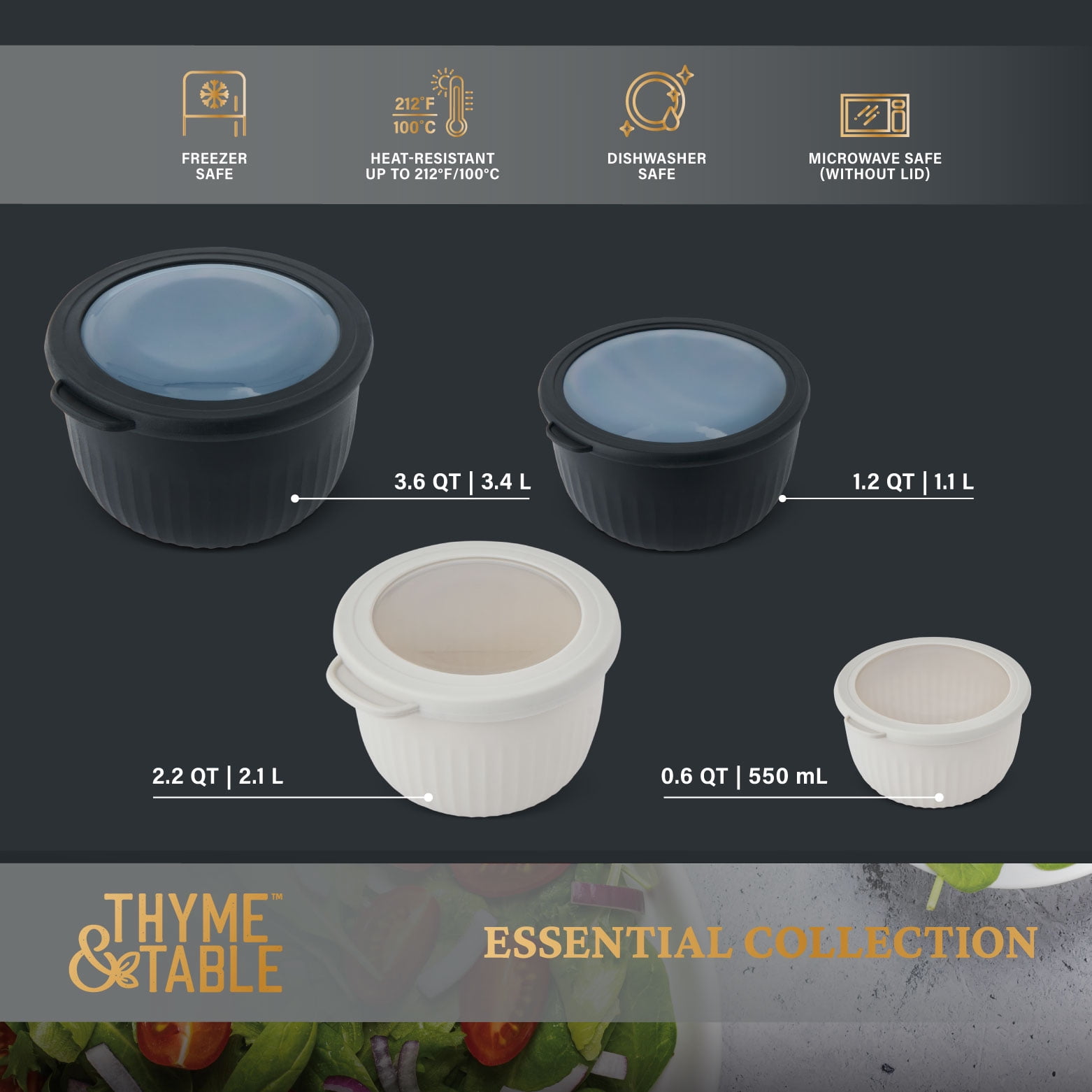 Thyme & Table 8-Piece Nesting Mixing Bowl Set, Black and Cream