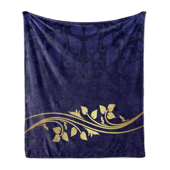 Floral Soft Flannel Fleece Throw Blanket, Romantic Royal Leaf Pattern Yellow Colored Blossoming Branch Leaves, Cozy Plush for Indoor and Outdoor Use, 50" x 60", Purple Indigo, by Ambesonne