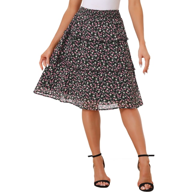 Faldas florales para mujer INSPIRE CHIC, falda de gasa con cintura elástica fruncida, estilo A-line, por debajo de la rodilla, con volantes, color negro