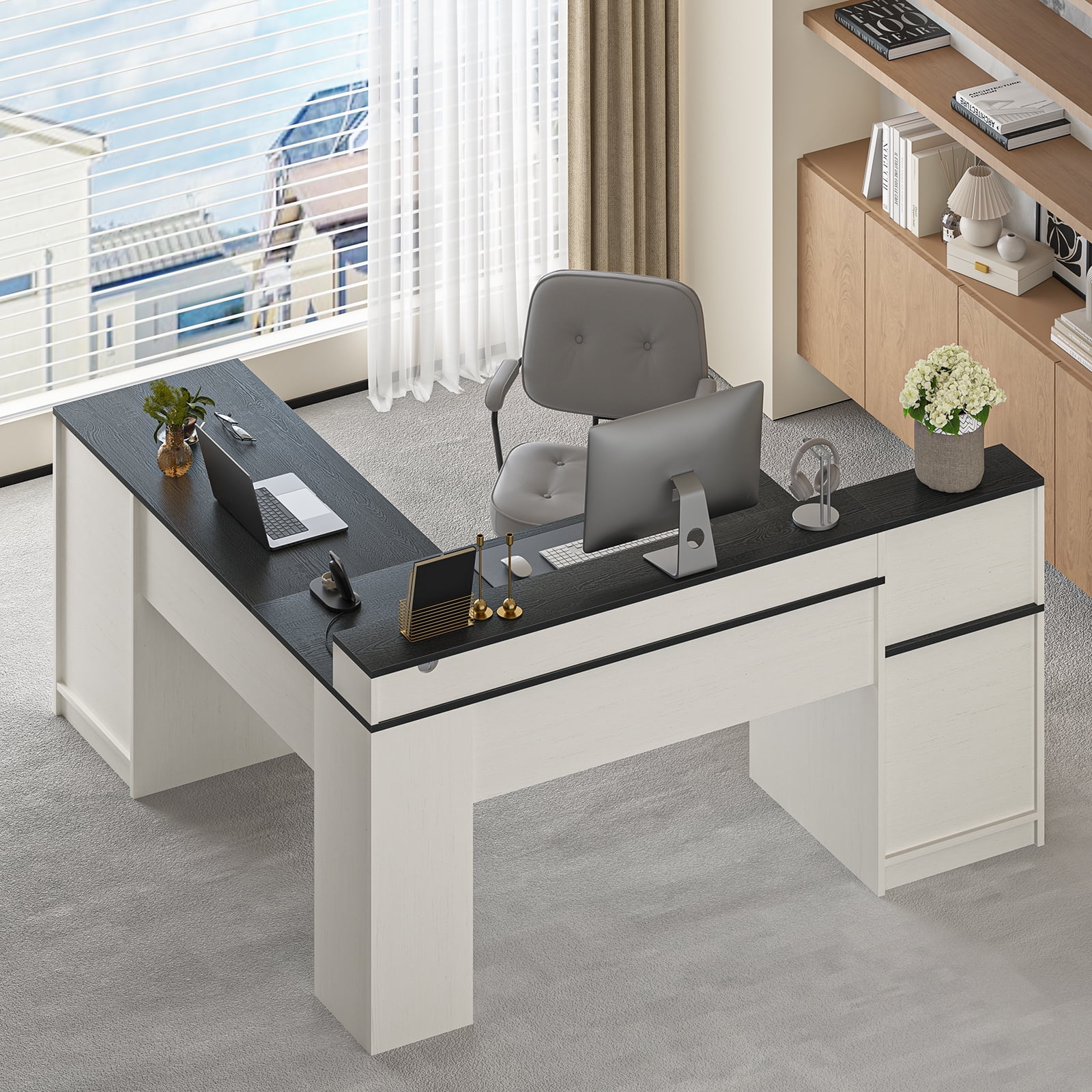 63" Farmhouse L Shaped Executive Desk with Drawers & Storage Shelf, Corner Computer Desk with Power Outlets, L Shaped Office Desk with Monitor Stand, Printer Shelf, Black and White