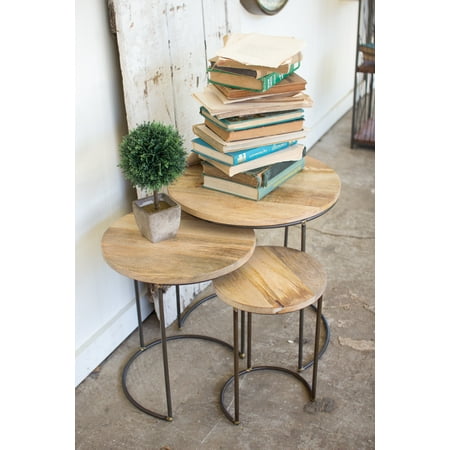- 3 Pc Set of Modern Rustic Nesting Tables with Mango Wood Tops and Round Leg Frames