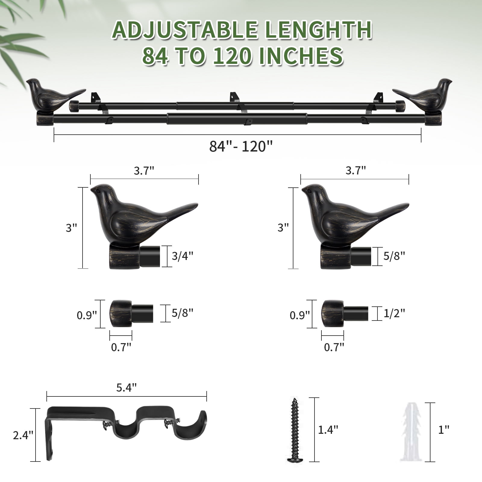 MERIVILLE 3/4-Inch Front & 5/8-Inch Back Double Curtain Rod Set, Farmhouse Bird Finials, 84"-120", Burnt Gold