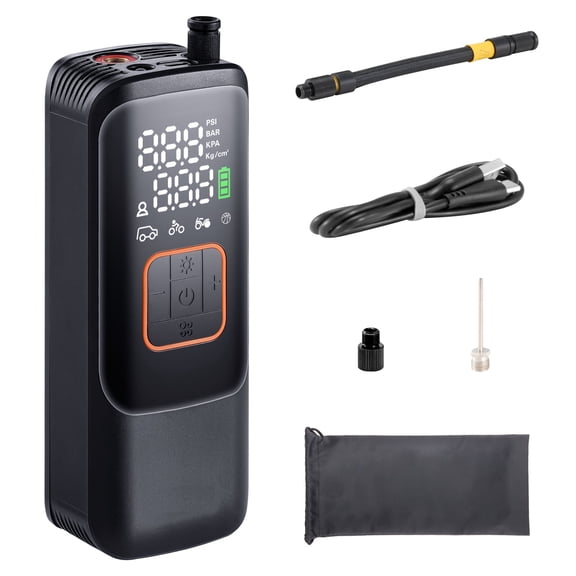 MixMart Portable Tire Pump, 150 PSI Electric Compressor, 4000mAh Battery, Auto-Stop, LCD Display, 3 Attachments, LED for Vehicles, Bikes, Balls