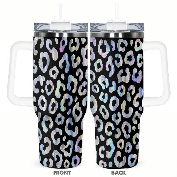 40oz Holographic Leopard Print Car Tumbler Insulated Travel Cup Large Capacity Coffee Cup with Lid and Straw Fashion Wild Animal Pattern Gift for Women Men