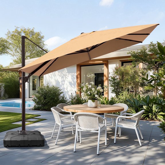 Crestlive Products 9x11FT Large Patio Cantilever Umbrella with Wheel Base, Rectangular Offset Outdoor Umbrella with Aluminum Frame for Pool Backyard Deck Garden, Tan