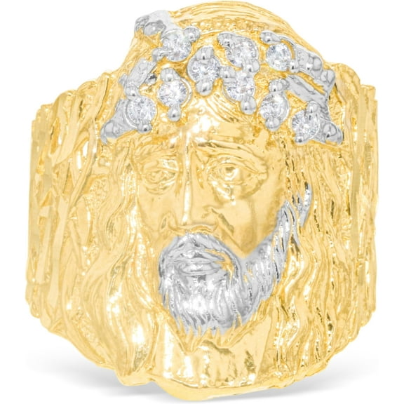Floreo 10k Yellow Gold 25mm Jesus Face Two-Tone CZ Openwork Men's Ring, Sizes 5 - 13