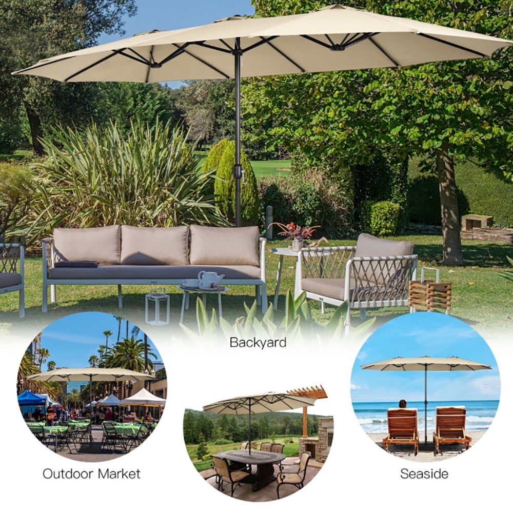 Aimee Lii 15 Feet Double-Sided Twin Patio Umbrella with Crank and Base, Sunbrella Patio Umbrellas, Beige