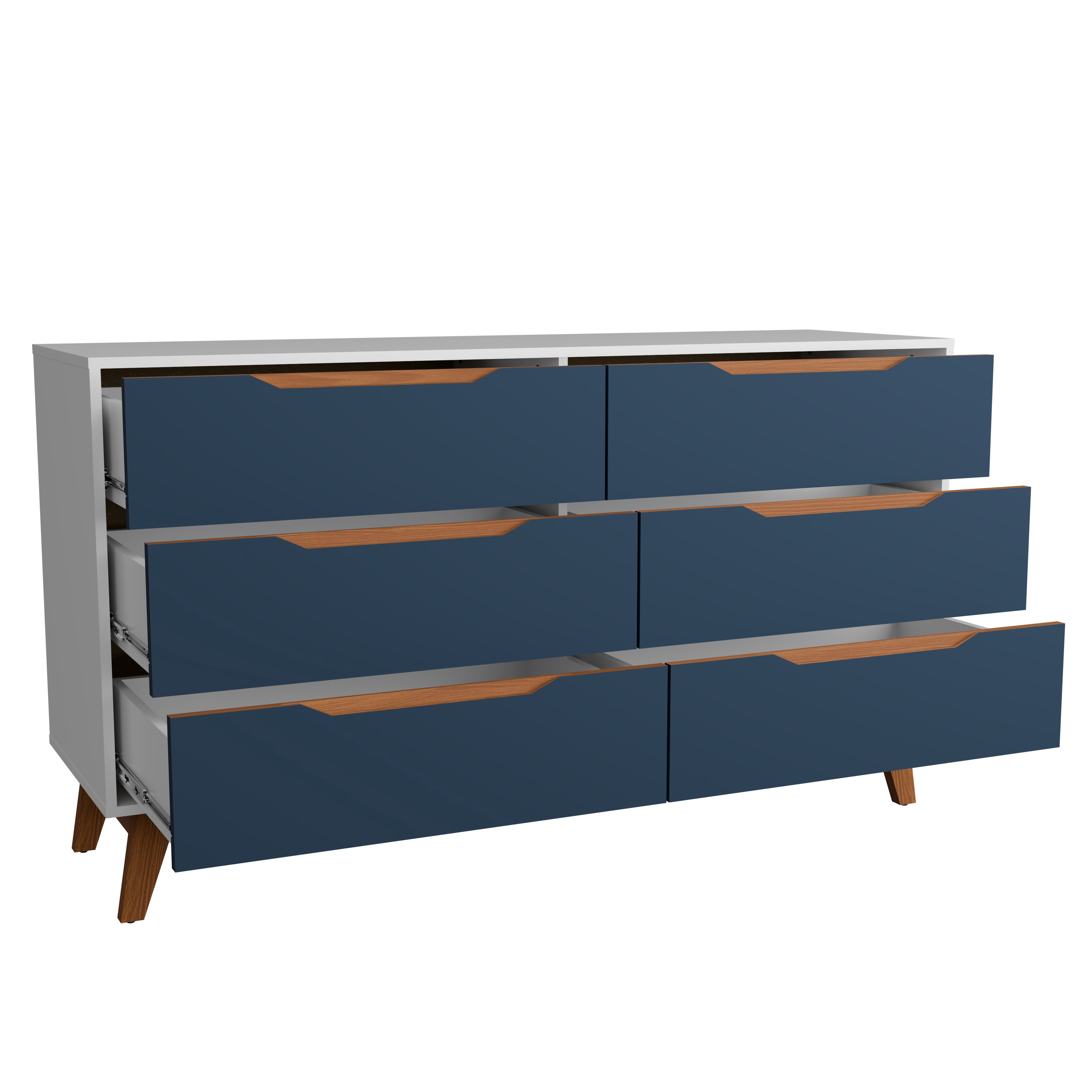 Kappesberg Rio 6-Drawer Dresser with Built-in Handles and Telescopic Slides - White/Blue - for Adults and Teens
