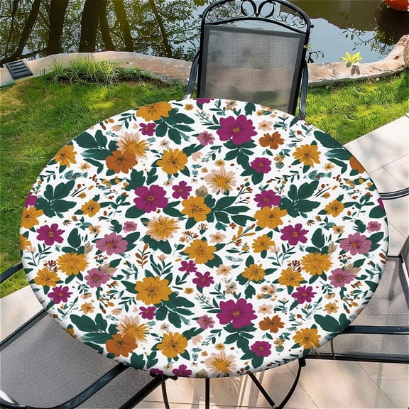 Round Fitted Tablecloth with Elastic Edge Design Table Cover Waterproof Stain-Resistant Wipeable Table Cloth Best for 31"-35" Round Tables for Outdoor Indoor Floral Print