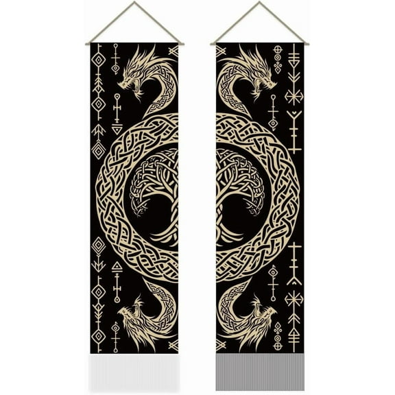 Pack of 2 Tree of Life Tapestries Vikings Dragon Rune Vertical Long Tapestry Aesthetic Mythology Doorway Curtain Tassel Wall Hanging