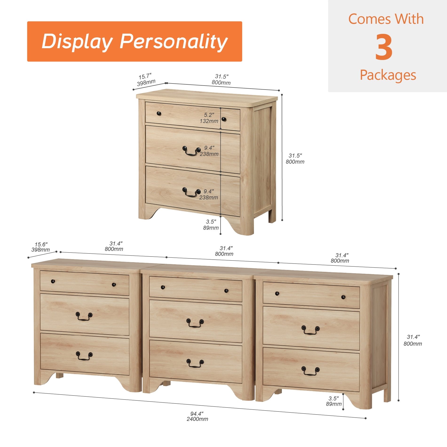 WAMPAT 3 Drawer Dresser Set of 3 for Bedroom,Oak Dresser Closet Dressers Chest of Drawers for Living Room, Entryway and Hallway