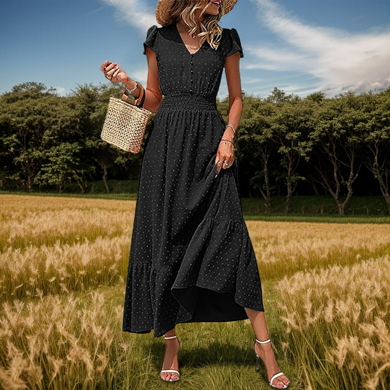 For Women 2024 Flowy Bohemian V Neck Polka Bot High Waisted Button Up A Line Pleated Layered Dress Prom Dresses