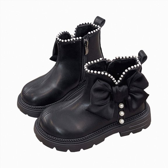 KPOPLK Girls Boots Fashion Ankle Boots for Girls Elastic Pull on Short Booties with Bow for Toddler/Little Kids(11.5,Black)