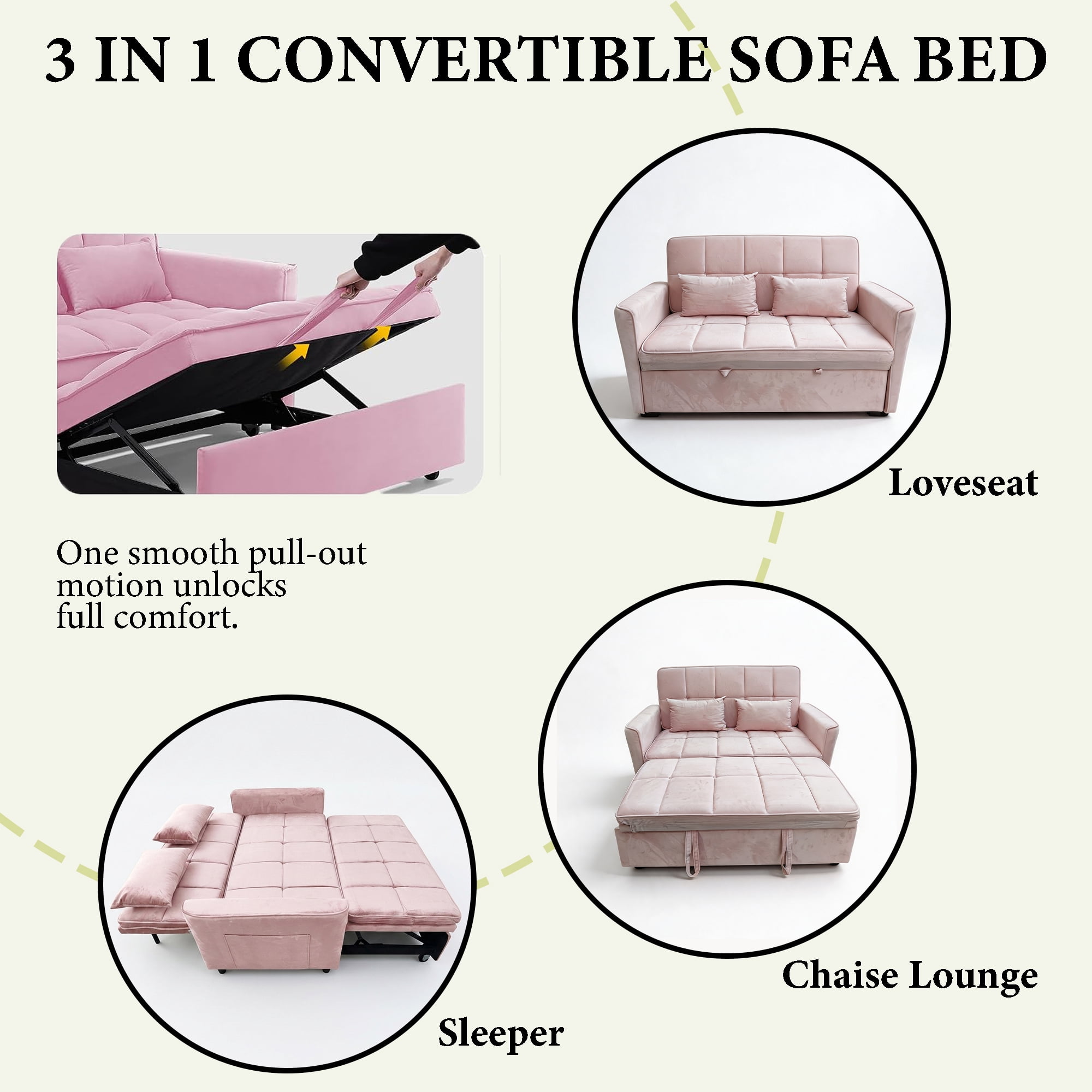 WAKEFIT 54" Pull-Out Sleeper Sofa Bed,3-in-1 Convertible Loveseat Couch with Adjustable Backrest for Small Living Room,Velvet,Pink