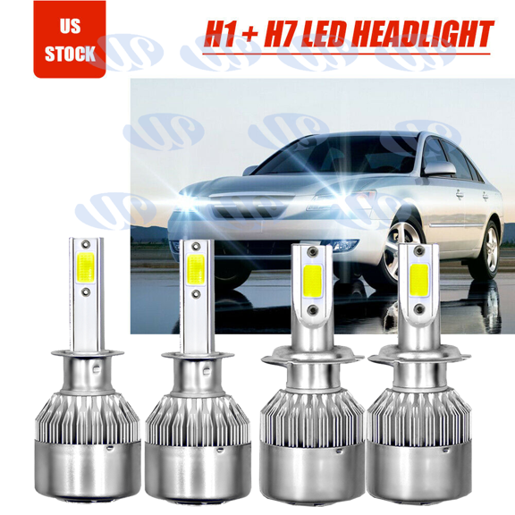 AlexTong H7 & H1 LED 6000K White Automotive Bulb fits Hyundai Sonata 2000-2008 4 Pack