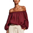 thumbnail image 3 of Endives Women's Blouse Off Shoulder Long Sleeve Chiffon Blouse Casual Loose Puff Sleeves Shirts Solid Color Summer Beach Vacation Outfits Shirts for Women Wine M, 3 of 5