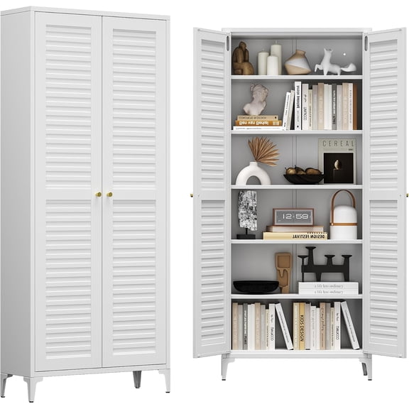 74" H Metal Pantry Cabinet, Kitchen Pantry Storage Cabinets with 5 Shelves, for Home Office Bathroom, Required Assembly, White