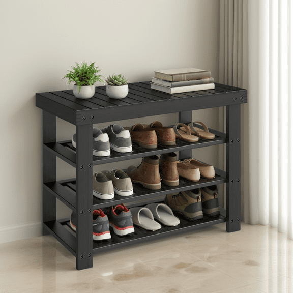 LEDREM 3-Tier Bamboo Shoe Storage Bench, Entryway Organizer with Seating, for Living Room, Bathroom, Bedroom, 27.6" W, Ink Black