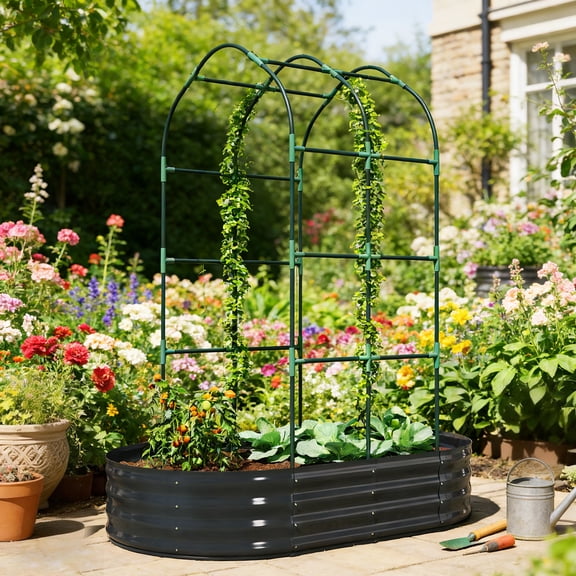 Outsunny Galvanised Raised Garden Bed with Arched Trellis, 5 x 3 x 6ft Metal Outdoor Planter Box with Open Bottom and Gloves, Dark Gray