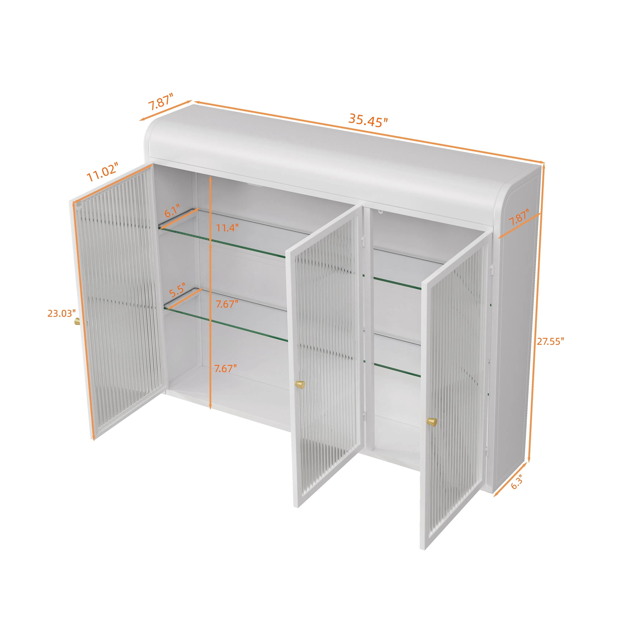 Wall Cabinet with Glass Door, 3 Door Wall Mounted Glass Cabinet with Three Tiers of Storage, for Kitchen, Living Room and Bathroom (White)