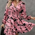 thumbnail image 2 of MORTTIC - Women's Floral Print Lantern Sleeve Dress - A-Line V-Neck Ruched Waist Midi Dress, Loose Fit Casual & Formal Dress with Gathered Detail, 2 of 6