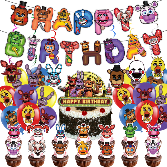Night Party Decorations Freddy Happy Birthday Party Supplies Set include Banner , Freddy Balloons, Freddy Cake Cupcake Toppers