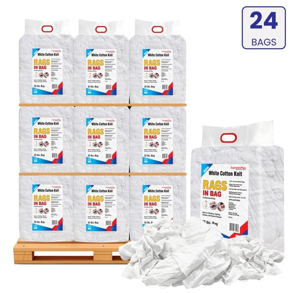 SupremePlus New Knit T-Shirt Cleaning Wiping Rags 600 lbs Pallet-24x25 lbs Bag Commercial Cotton Dust Cloths Value Pack, White, 4200 Count, 24 Pack