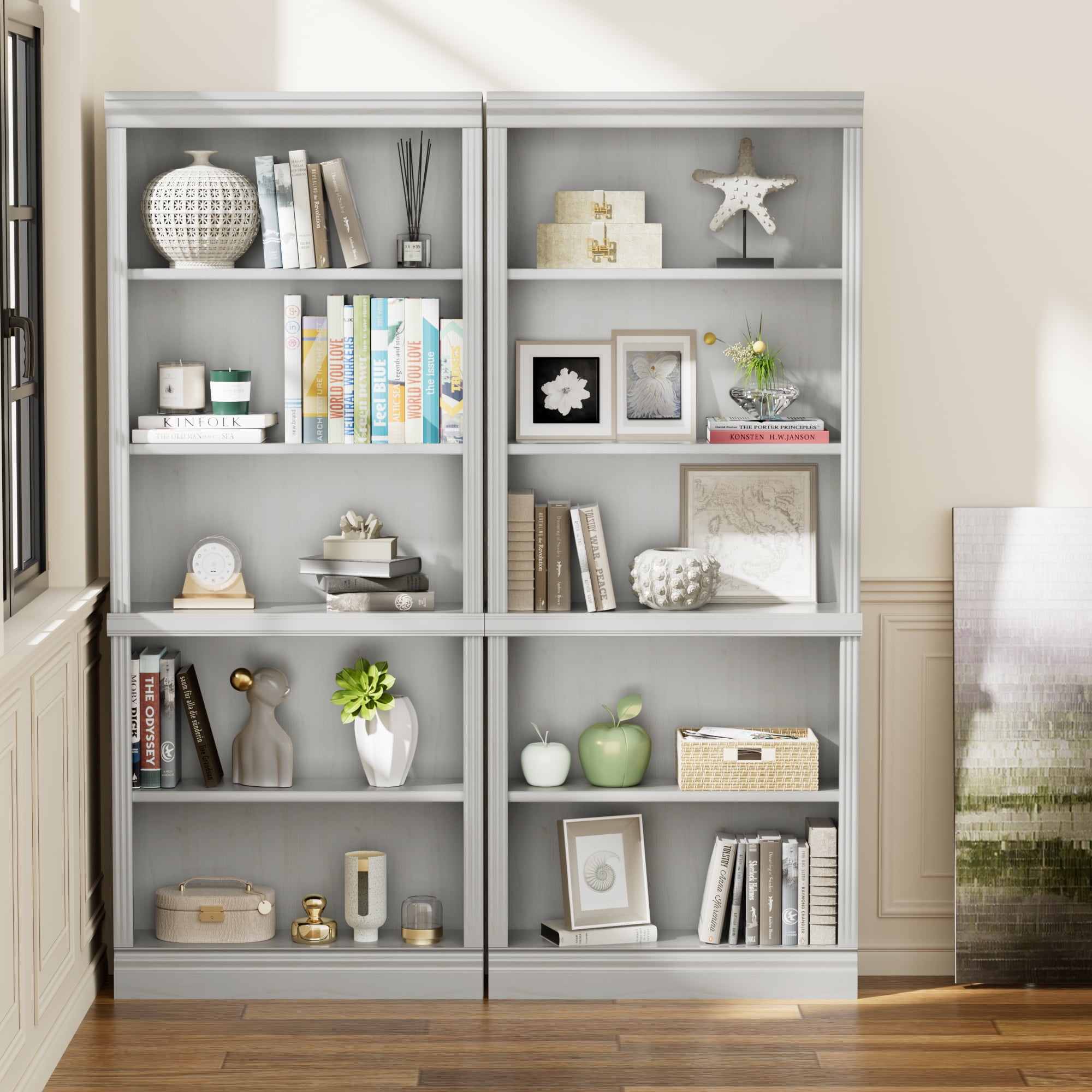 Vineego Wood Bookcase Tall Book Shelves 5 Display storage Organization Furniture for Living Room,Ivory White