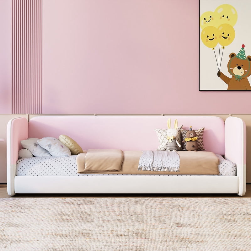 Twin Size Kids Low Profile Platform Floor Bed with Headboard and Armrests, Velvet Upholstered Child Daybed Frame with Guardrail