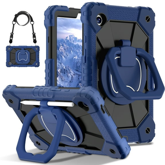 Decase Kids Case for Samsung Galaxy Tab A11 8.7-inch 2025,Shockproof Rotatable Stand Cover,Detachable Shoulder Strap,Rugged 3-Layer Tablet Shell with Pen Holder,Black Navy