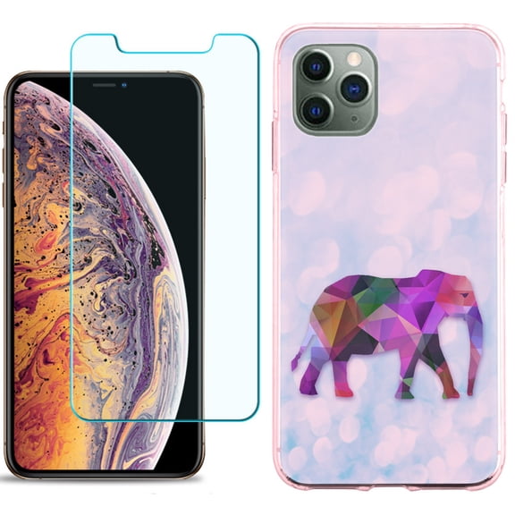 For Apple iPhone 11 PRO Case, Slim-Fit TPU Protective Phone Case (Pink Bezel) with Tempered Glass Screen Protector, by OneToughShield ® - Elephant /Polygon