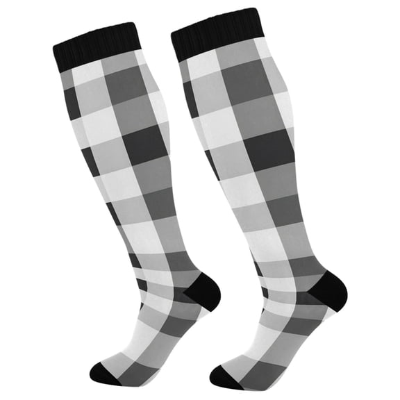 joogoo Black Grey White Checkered Pattern Long Socks Women Men Knee High Sock
