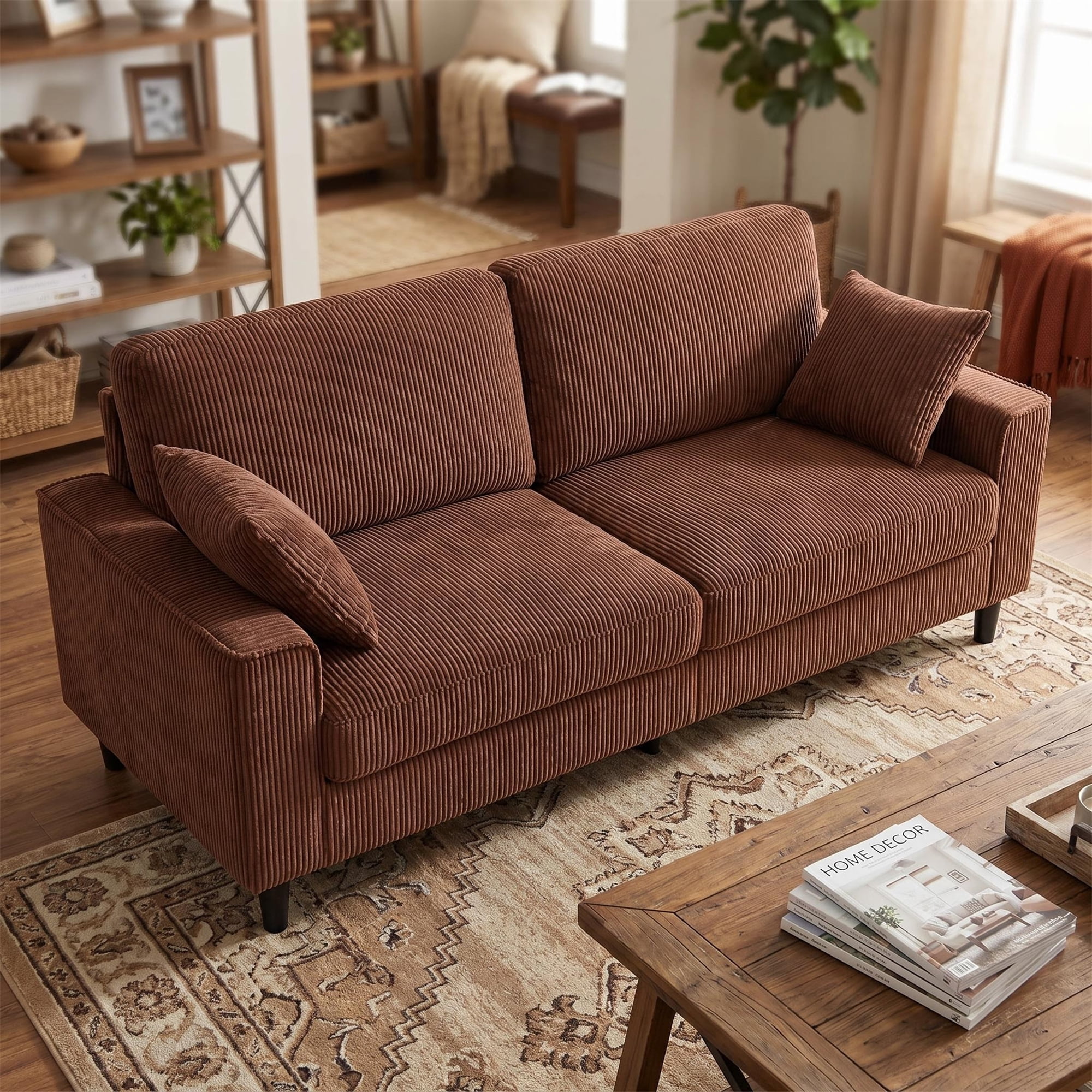 Aukfa 82" Square Arm Sofa 3 Seat Deep Seat Upholstered Couch for Living Room Bedroom, 2 Pillows, Corduroy, Coffee