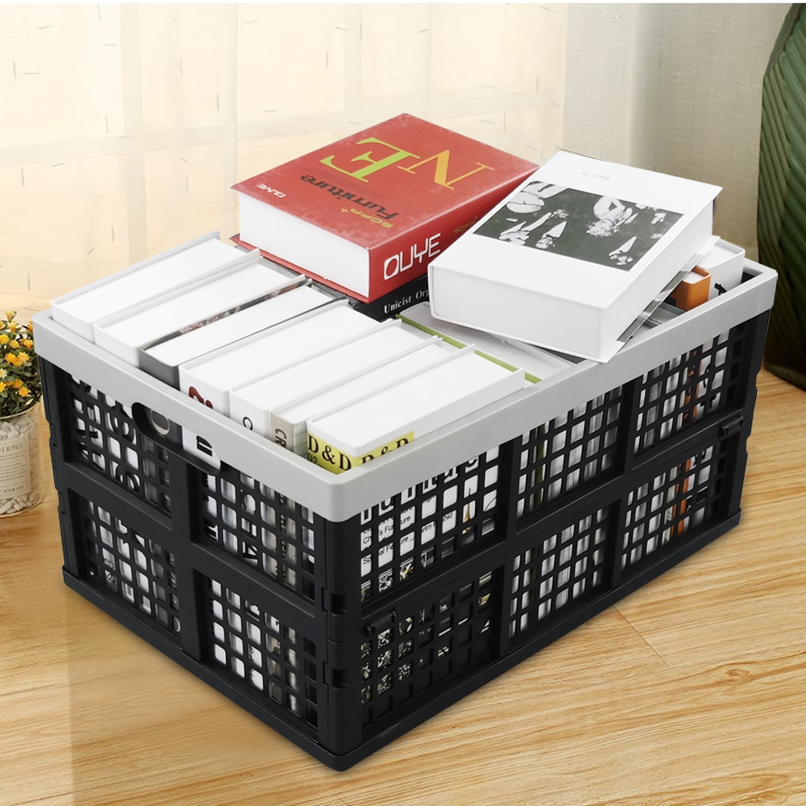 Uumitty 3-Pack 40 L Large Folding Basket, Plastic Collapsible Storage Crate, Black