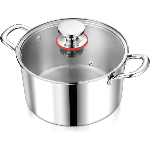 GFDYREE 6 Quart Stock Cooking Pot, Tri-Ply Stainless Steel Stockpot with Lid for Induction Gas Electric Stoves, Transparent Cover & Double Riveted Handles, Heavy Duty & Dishwasher Safe