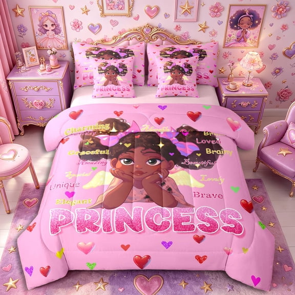 Castle Fairy Black Kawaii Princess Twin Bedding 7-Piece,Angel Heart Print Bedding Comforter Set,Pink,Pink Reversible