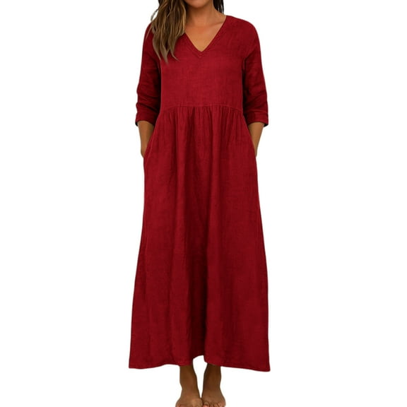 LIaqionyy Long Sleeve Midi Dresses for Women Casual V Neck Flowy Fall Winter Comfortable Dress with Pockets