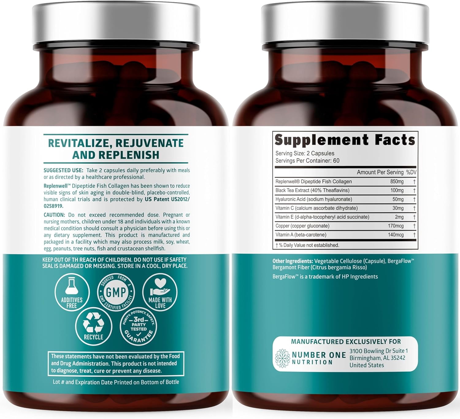 Hydrolyzed Marine Collagen with Hyaluronic Acid, Vitamin C, Theaflavin and Copper, Collagen Supplement for Women and Men for Radiant Skin, Hair & Nails, Gluten Free and Non-GMO, 120 Veg Caps