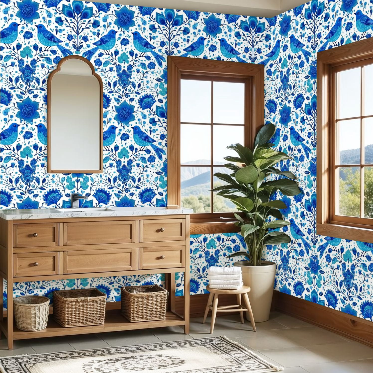 Farmhouse Peel and Stick Wallpaper 23.6in x 9.8ft Blue Birds Floral Folk Art Style Contact Paper Vinyl Self-Adhesive Removable Wall Paper for Bedroom Kitchen Cabinet Renter Friendly
