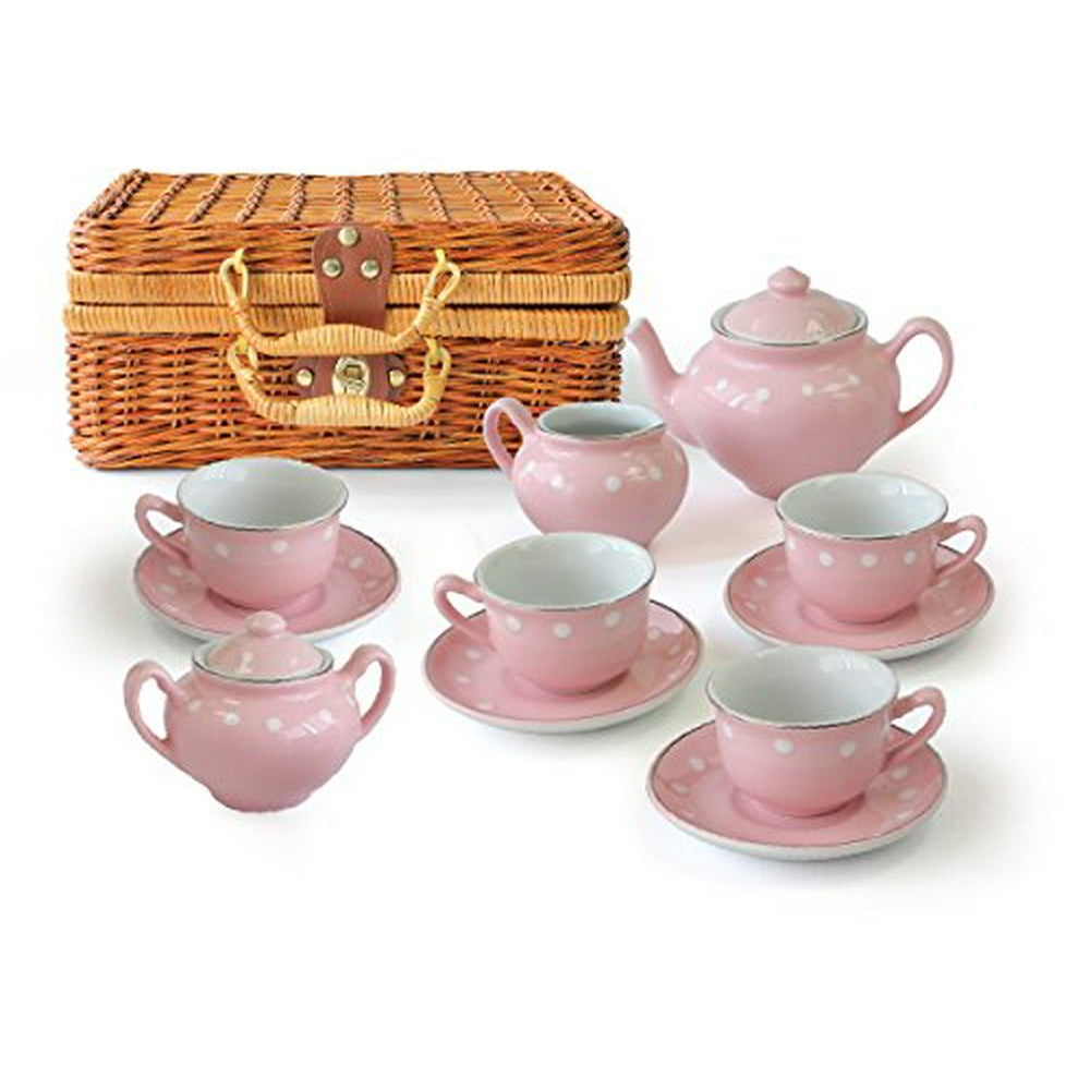 13 Pc Porcelain Tea Set in wickerstyle basket (Pink)