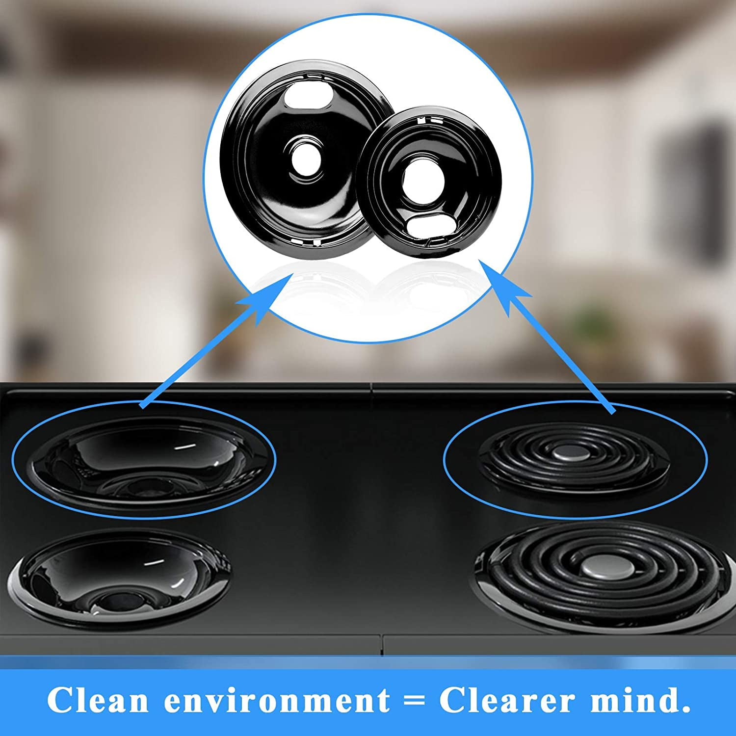 Black Stove Burner Drip Pans Replacement for Amana Crosley Electric Ran, Stove Top Drip Bowls Includes 1 Lar 8-Inch W10290353 and 3 Small 6-Inch W10290350 by