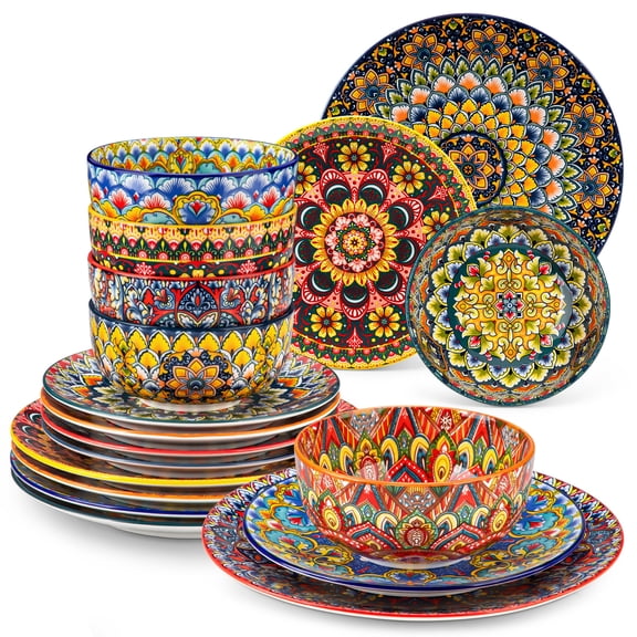 vancasso 16 Pieces Dinnerware Sets, Plates and Bowls Set, Porcelain Dishes Set for 4, Microwave Dishwasher Safe, Bohemian Style