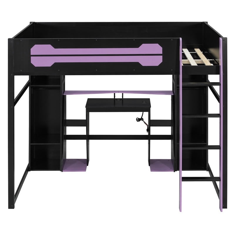 Full Size Wooden E-Sport Loft Bed with Desk, LED Lights & Charge Station, Storage Bed Frame with Built-in Wardrobe & Cabinets