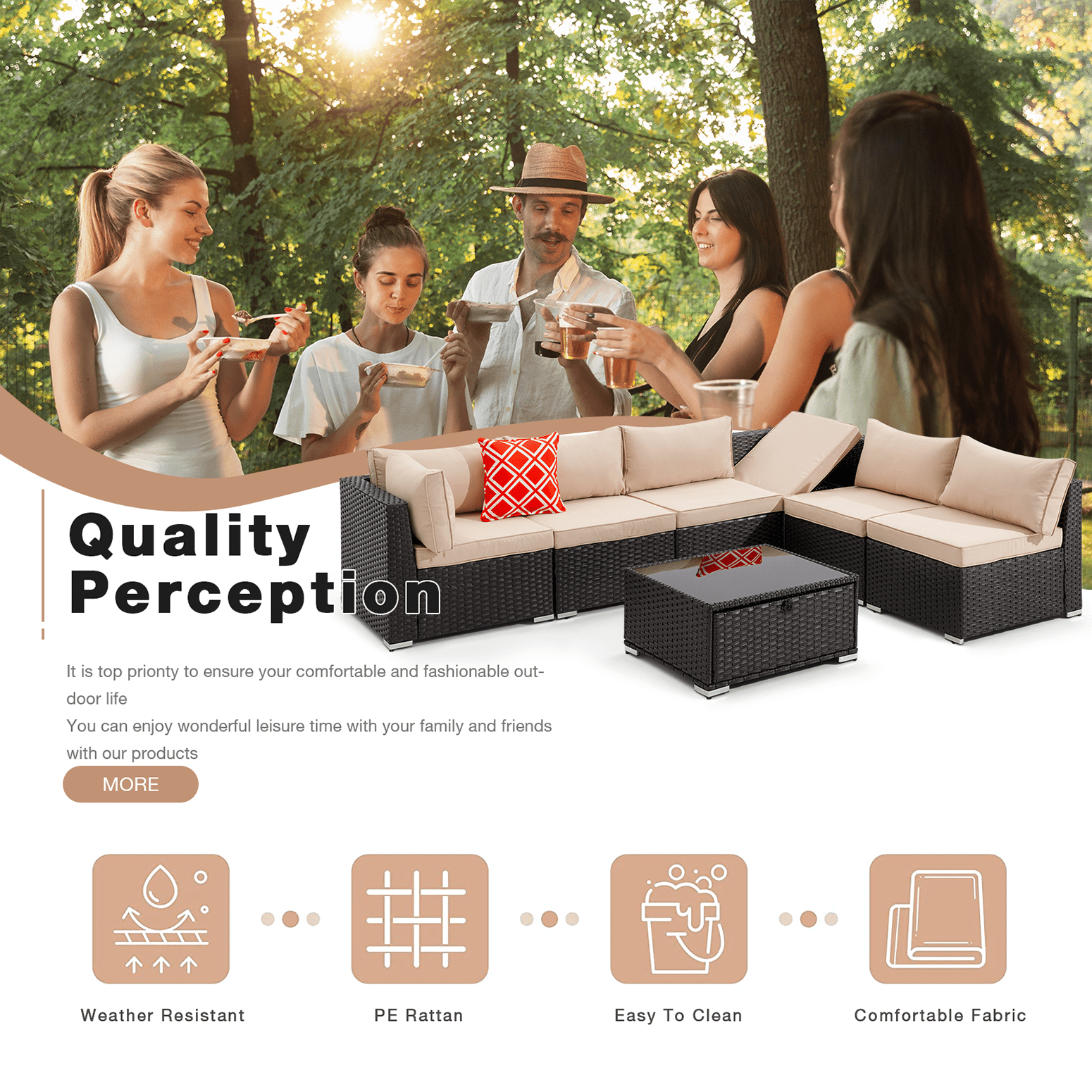 Homrest 7 Pieces Outdoor Sectional Sofa, Wicker Conversation Sets, Steel Frame, Khaki