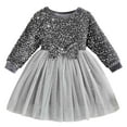 thumbnail image 2 of HOMADLES Kid Girls Long Sleeve Dress Bow Crewneck Fashion Girls Party Performance Sequin Mesh Long Dress Soft Flowy Tiered Sundresses Dress Silver 5 T, 2 of 9