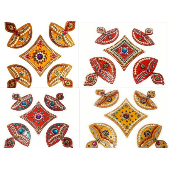 FineArt Handcrafted Decorative Rangoli Set Multicolor Jewel Stone/Kundan Decorations on Purple Acrylic Base 4 Rangoli Set - 20 Pieces for Sankranti/Makarsankranti/Pongal/Diwali Festival